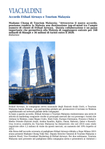 Accordo Etihad Airways e Tourism Malaysia