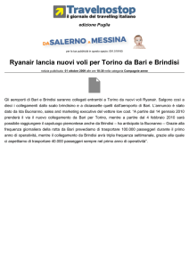 Ryanair lancia nuovi voli per Torino da Bari e Brindisi