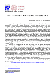 Primo isolamento a Padova di Zika virus dalla saliva