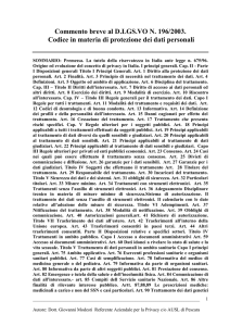 Commento breve al D.LGS.VO N. 196/2003. Codice in