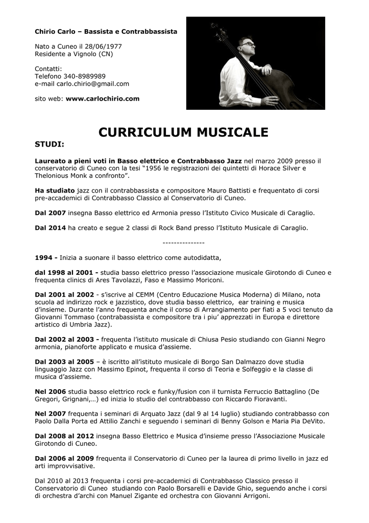 Curriculum Musicale Carlo Chirio Bass Player