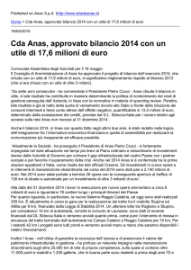 Cda Anas, approvato bilancio 2014 con un utile di 17,6 milioni di euro
