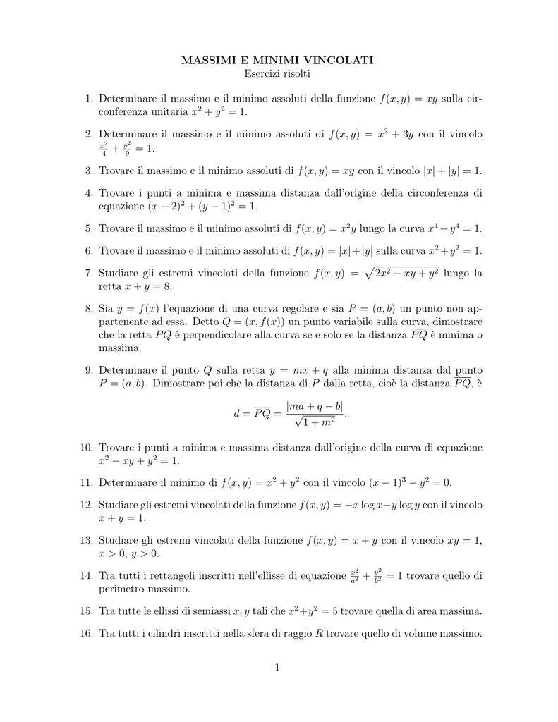 Massimi E Minimi Vincolati Esercizi Risolti 1 Determinare Il