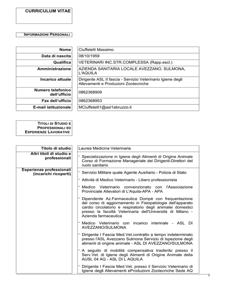 curriculum vitae - ASL 1 - Avezzano Sulmona L`Aquila