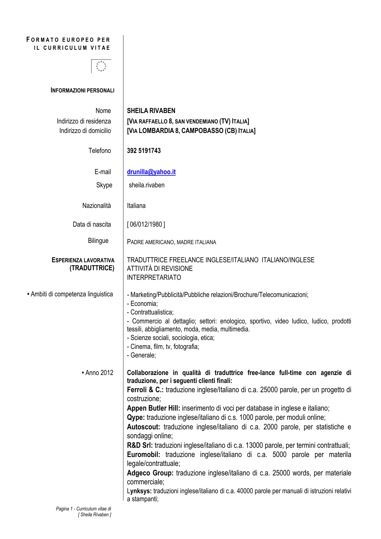 Formato Europeo Per Il Curriculum Vitae