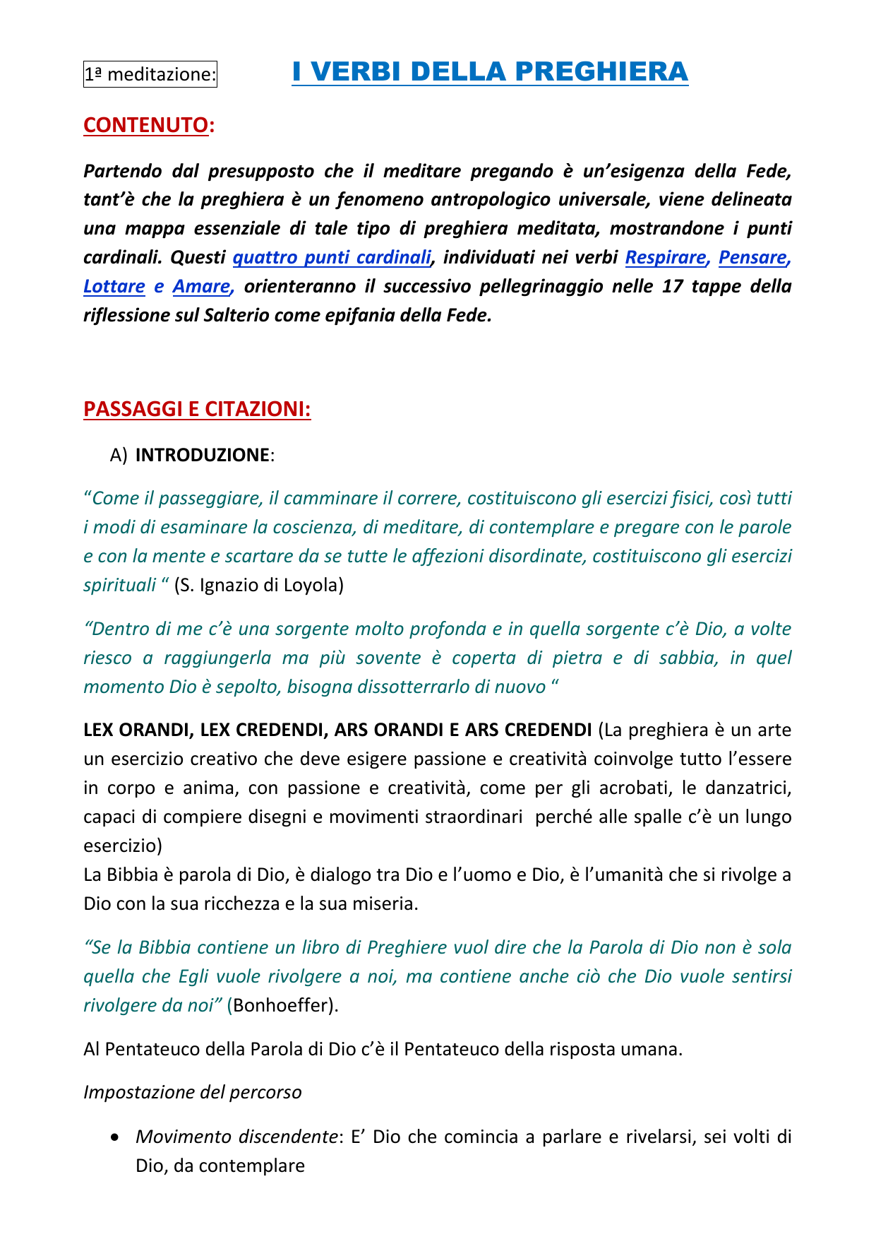 1ª Meditazione I Verbi Della Preghiera Contenuto