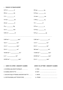 RISOLVI LE EQUIVALENZE 0,57 dl = ______ hl 80 dag = ______