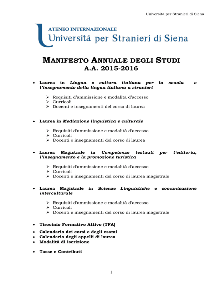 Manifesto Annuale Degli Studi - Università Per Stranieri Di Siena