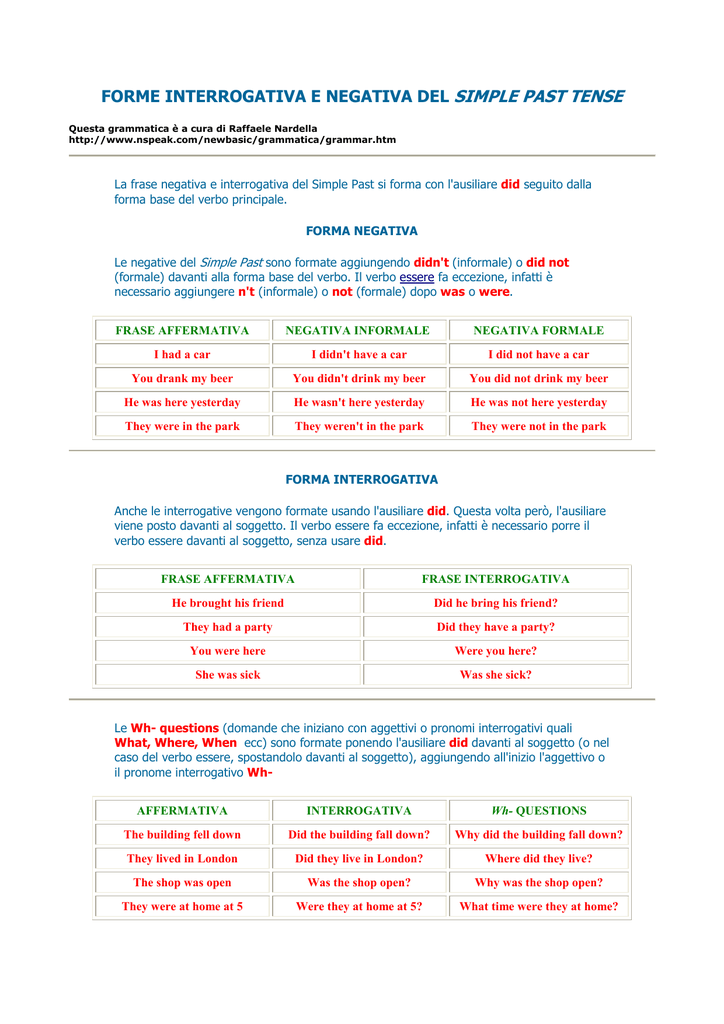 Forme Interrogativa E Negativa Del Simple Past Tense