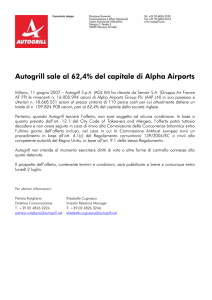 Autogrill sale al 62,4% del capitale di Alpha Airports