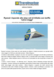 Ryanair risponde allo stop voli di Alitalia con tariffa