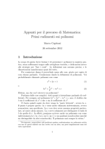 Appunti per il precorso di Matematica: Primi rudimenti sui polinomi
