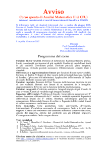 Avviso Corso spento di Analisi Matematica II (6 CFU)