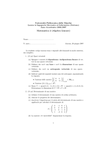 Universit`a Politecnica delle Marche Matematica 2 (Algebra Lineare)