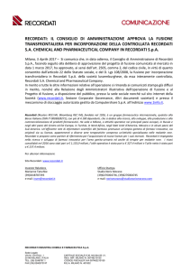 Cda approva la fusione di Recordati SA Chemical
