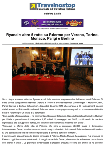 Ryanair: altre 5 rotte su Palermo per Verona, Torino